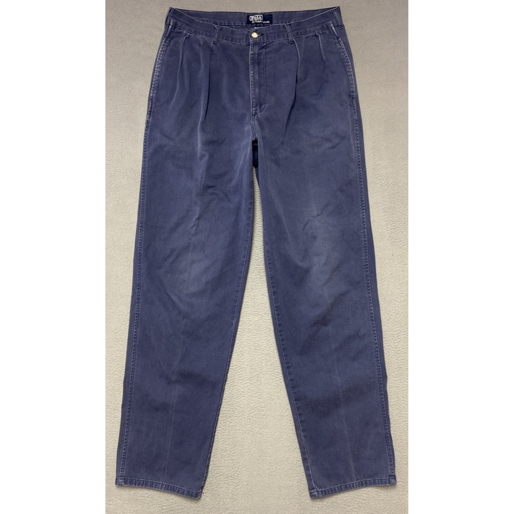Vintage Polo Ralph Lauren Chino Pants Mens Blue Pleated Cotton 90s 34x34 (32x33)